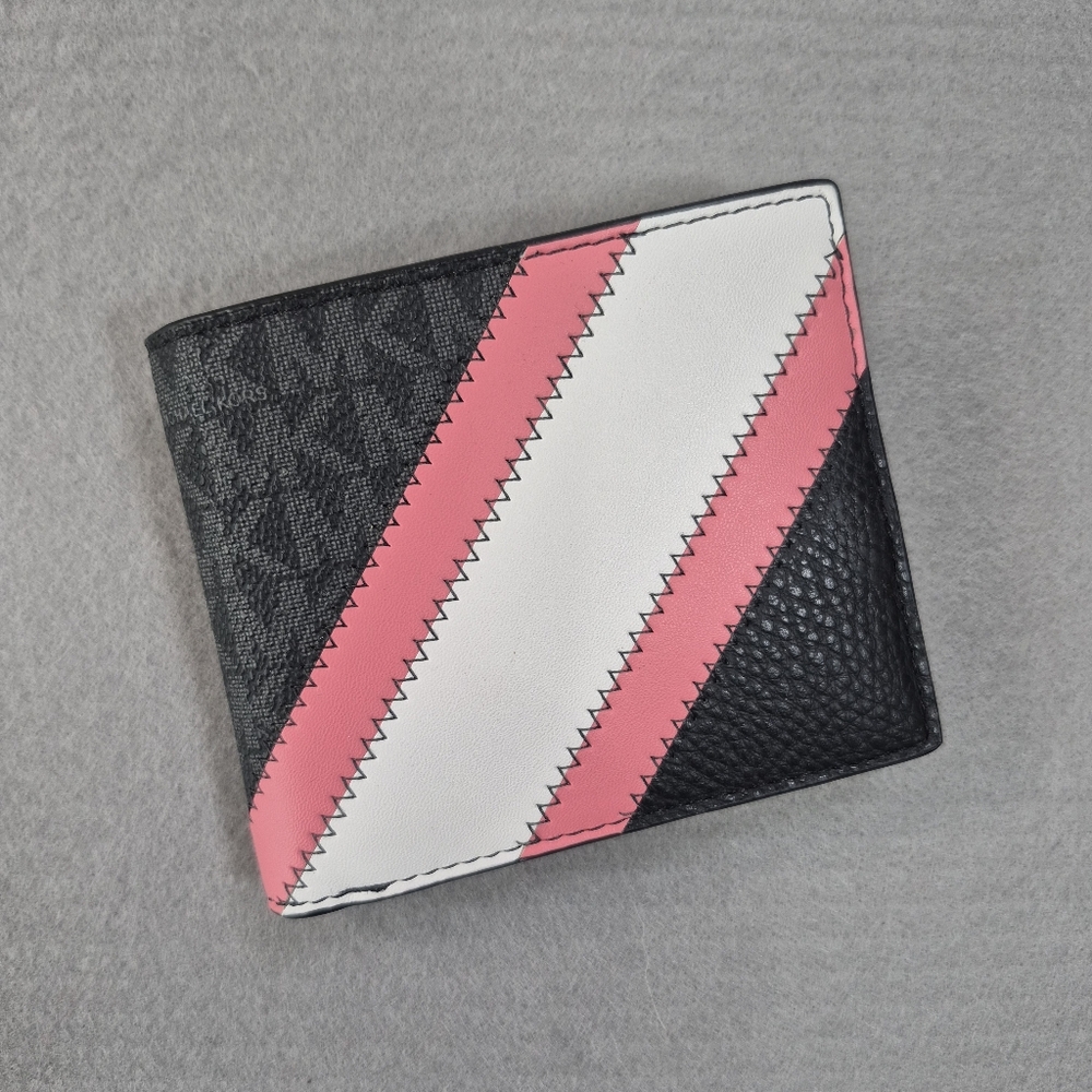 Michael Kors Cooper Logo and Striped Billfold Wallet in black and pink NWT $128